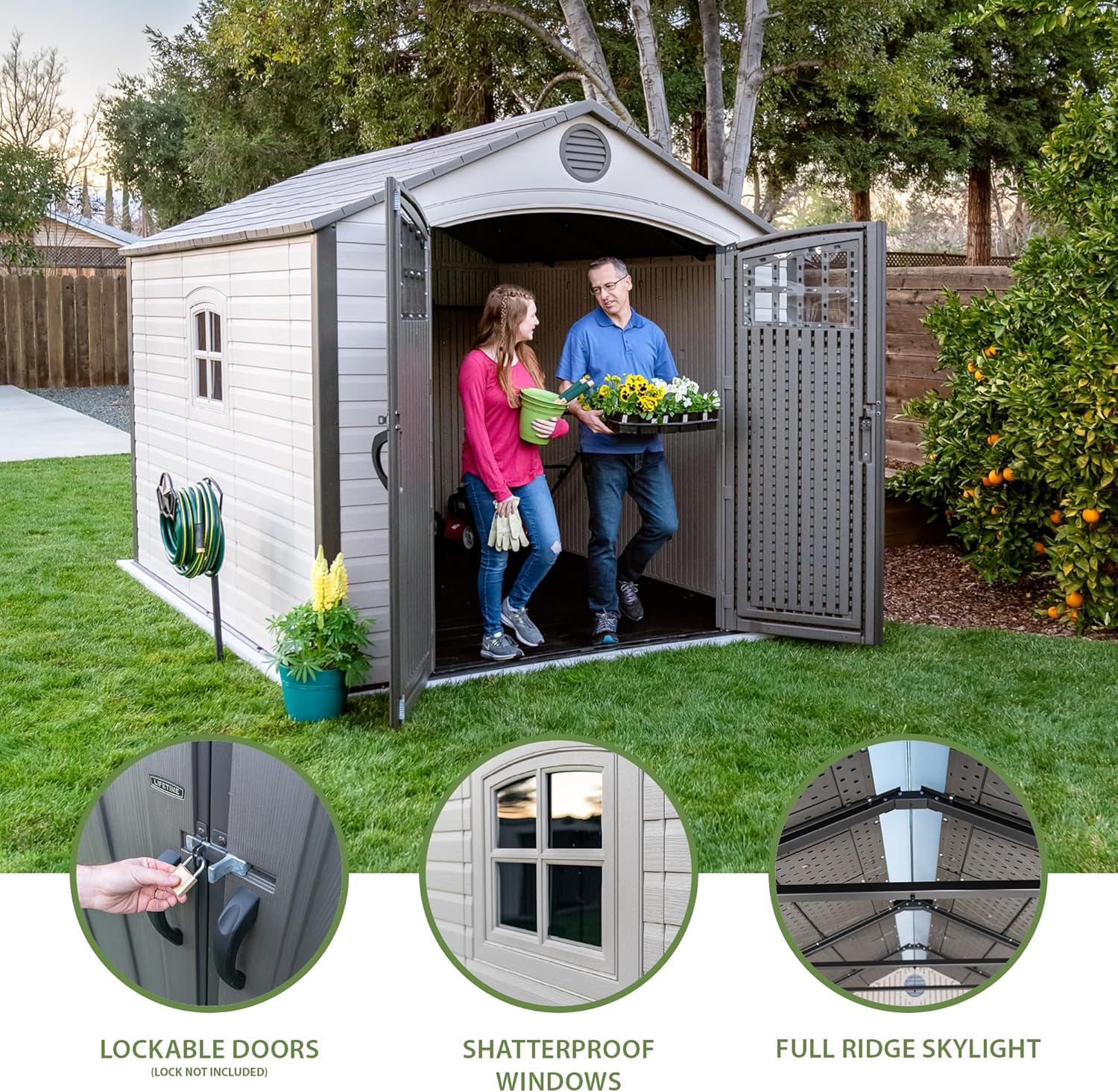 Lifetime 8 x 10 Ft Outdoor Storage Shed, Dual-Wall HDPE Construction, Steel-Reinforced, Skylight and Window, Lockable Doors, Vents, UV-Protected, Desert Sand