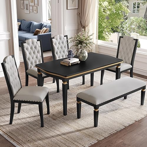 Miniatura 2 de Merax Juego de mesa de comedor de 6 piezas, mesa rectangular de madera maciza de 60 pulgadas con 4 sillas tapizadas y 1 banco, casa de campo moderna