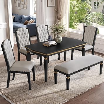 LUMISOL 6-Piece Farmhouse Dining Table Set, 60 Solid Wood Table, 4 Upholstered Chairs and Bench, Black