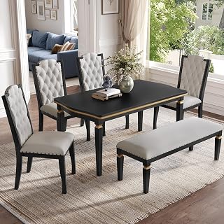Harper & Bright Designs 6 Piece Kitchen Dining Table Set,60" Gold Accent Rectangular Table with 4 High-Back Tufted Upholstered Chairs and Bench(Black)