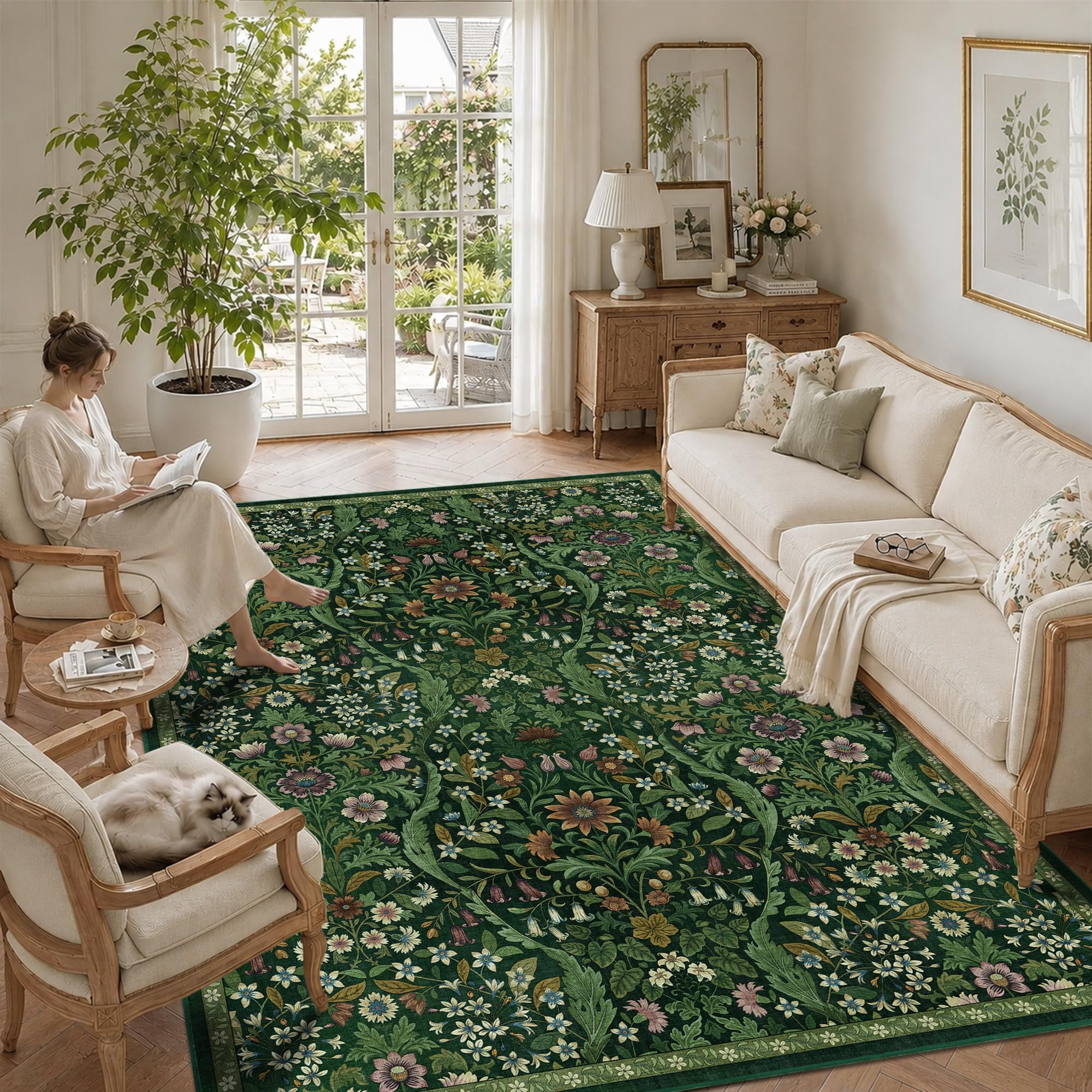 Floral Washable Area Rug 7x9, Botanical Carpet for Living Room