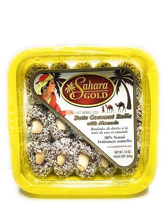 Sahra Gold Date Coconut Rolls with Almonds | 12oz 340g | Natural Snack Bites | Gluten Free Dessert Treat | Natural Dates Rolled in Coconut with Almonds