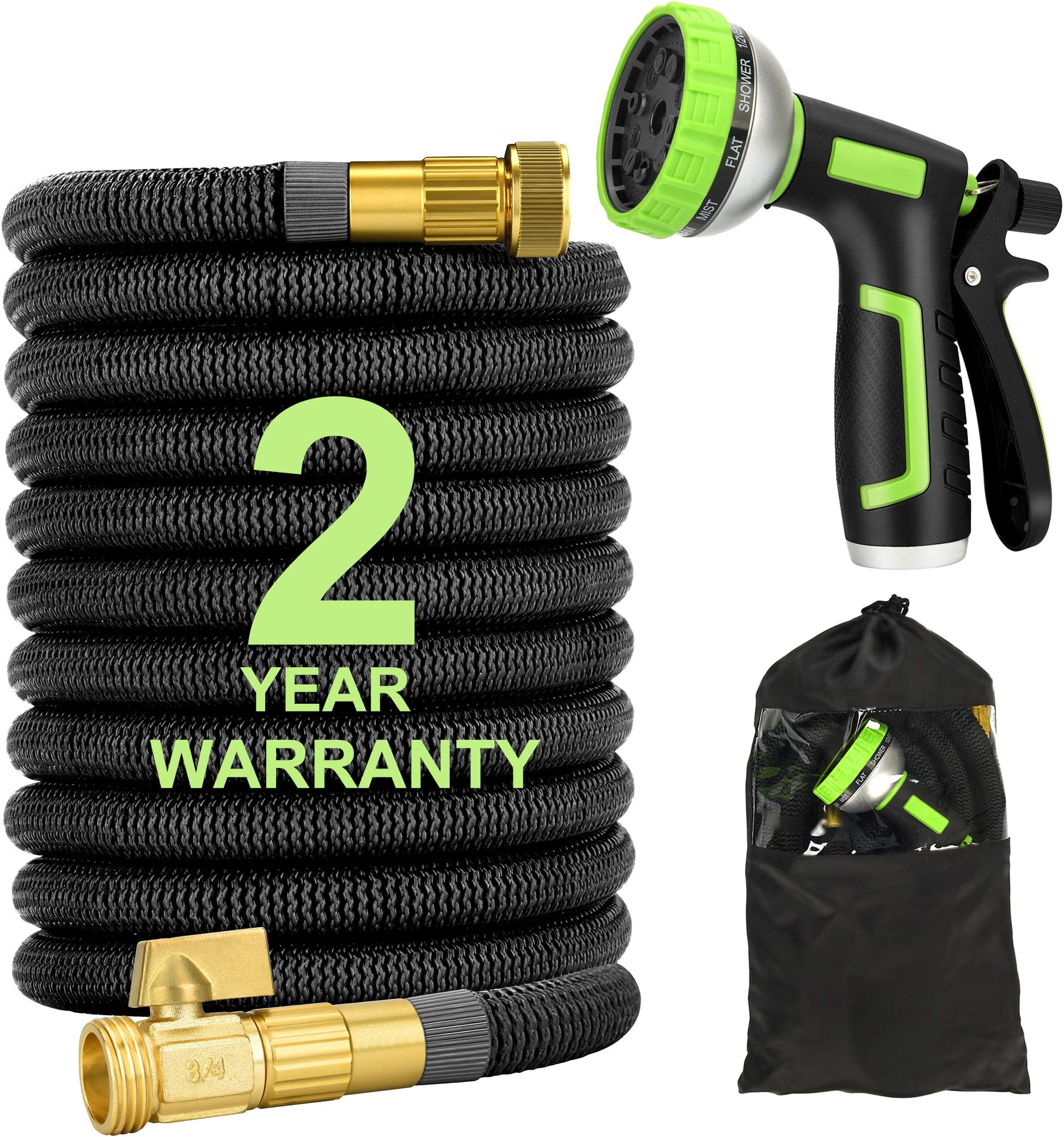 50FT Expandable Garden Water Hose with 10 Pattern Spray Nozzle, Solid Brass Connector, Double Latex Core Expanding Water Hose with Storage Bag