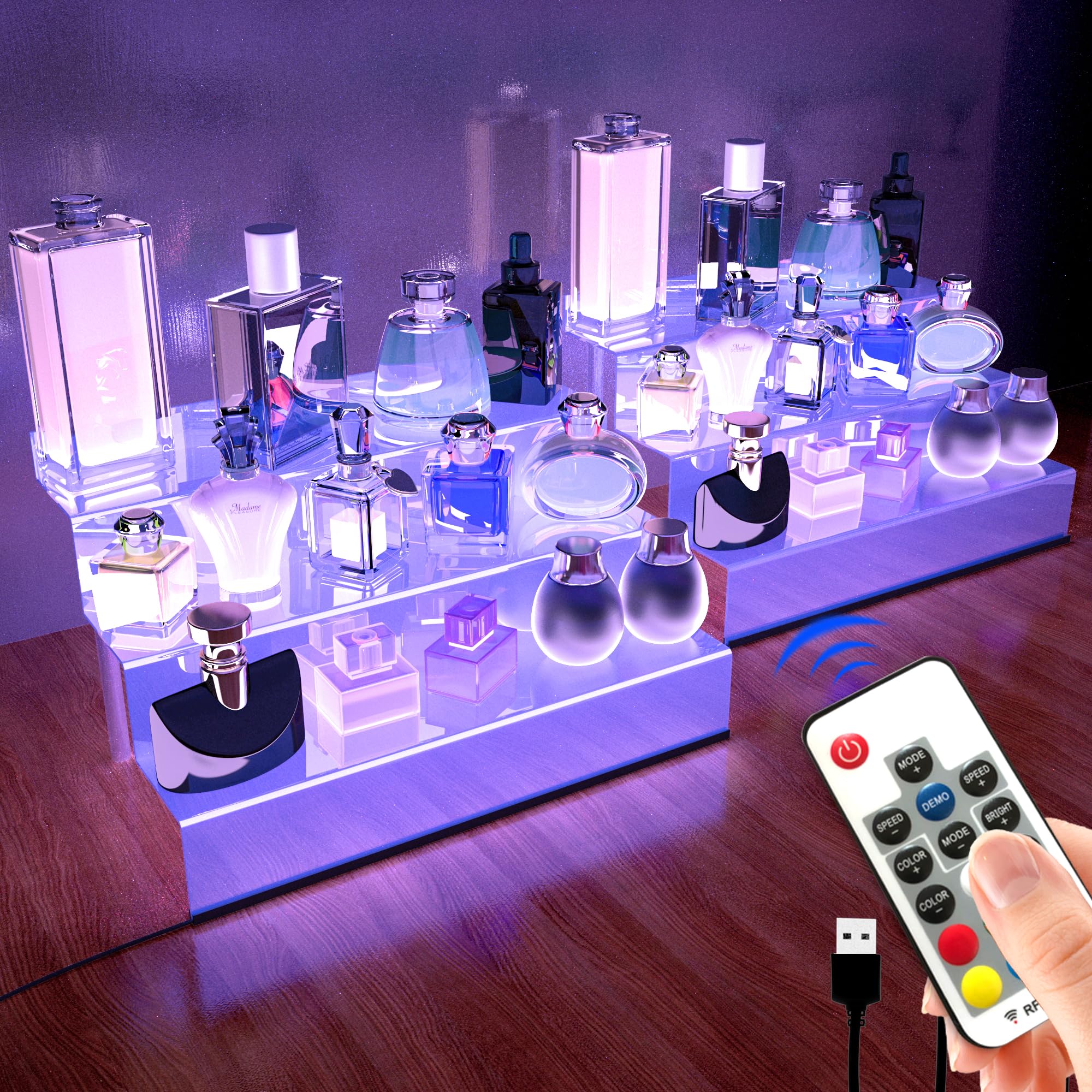 Photo 1 of 12 IN Clear Acrylic Display Riser Shelf with LED light,3 Tier Display Step Shelves Holder, Perfume Cologne Organizer Holder,Pops Toys Figures, Clear Cupcake Riser, Dessert Shelf, Decoration on Tabletop(2 Pack)