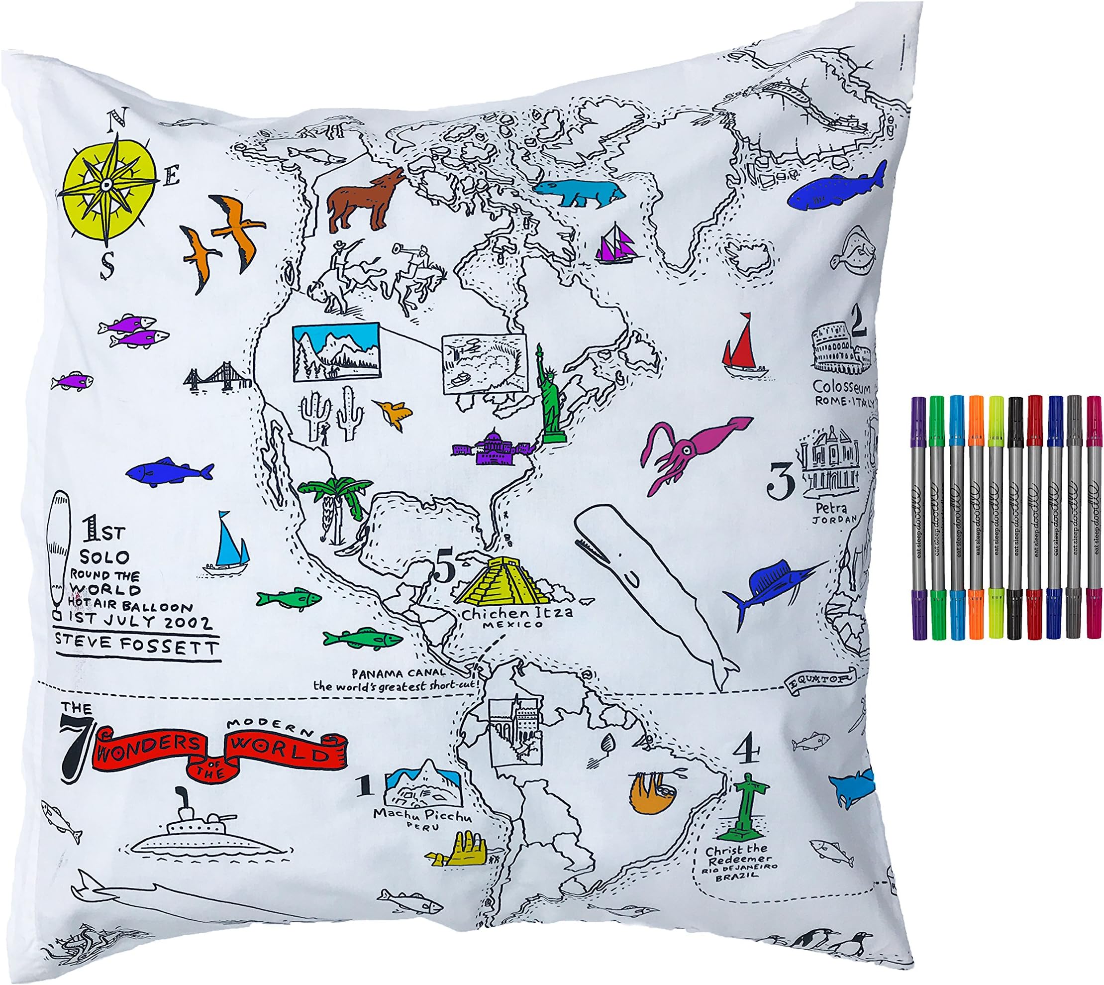 eatsleepdoodle world map cotton soft Square Pillowcase 65x65cm - fun, educational world geography learning doodle pillowcase - Kid's world map Colouring Pillowcase with Washable felt tip Fabric pens…