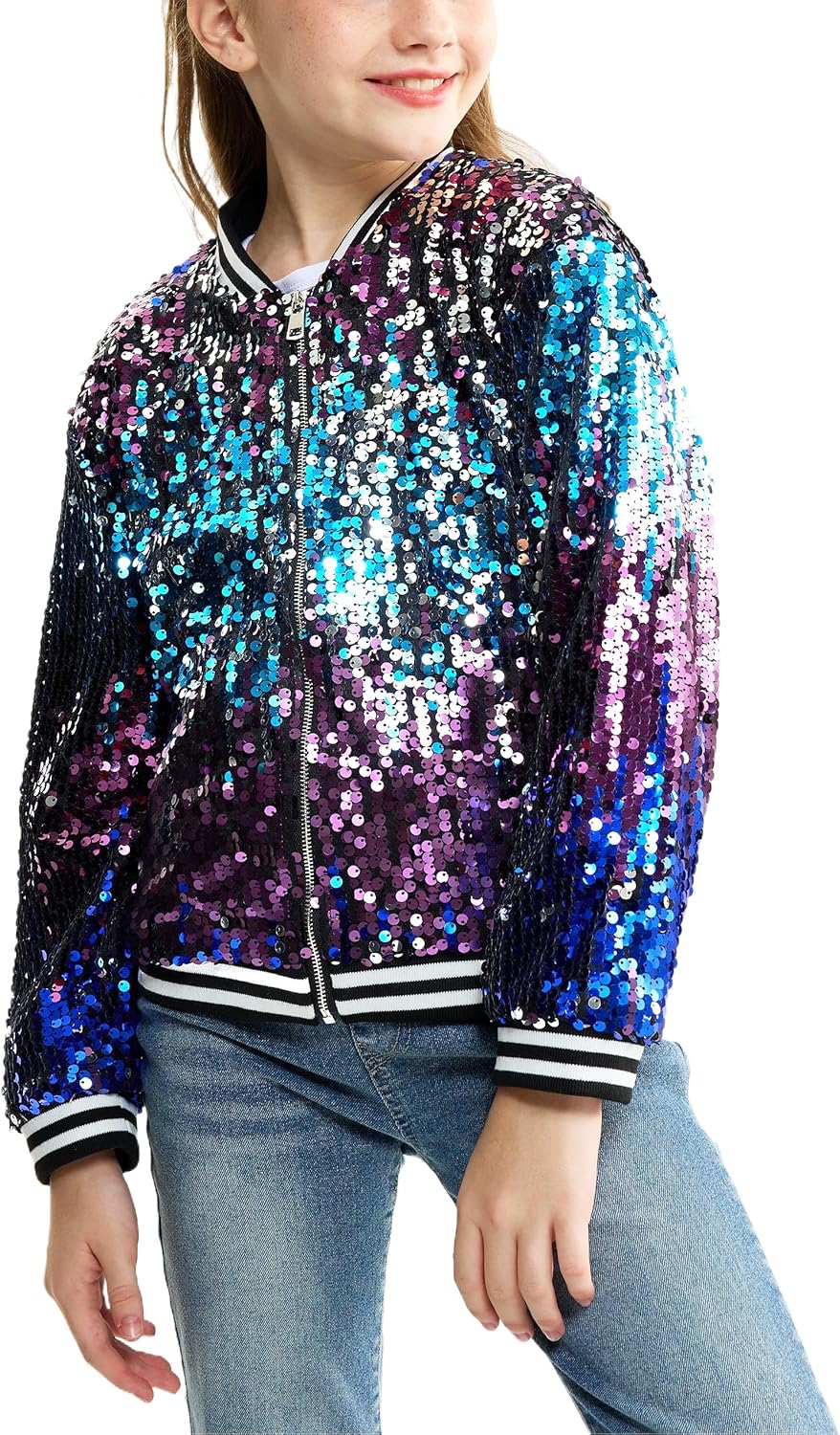 LOLANTA Girls Sequin Jacket, Long Sleeve Kids Bomber Coats with Pockets, Spring Fall Outfits for 4-15 Years