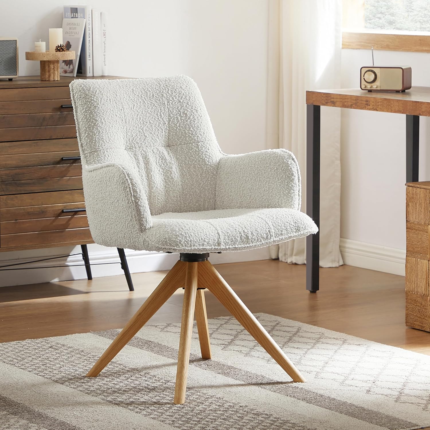 Art Leon Desk Chair No Wheels - Mid Century Modern Swivel Accent Chair, Boucle Fabric Upholstered Office Chair with Oak Wood Legs for Small Space Living Room Bedroom, Off White