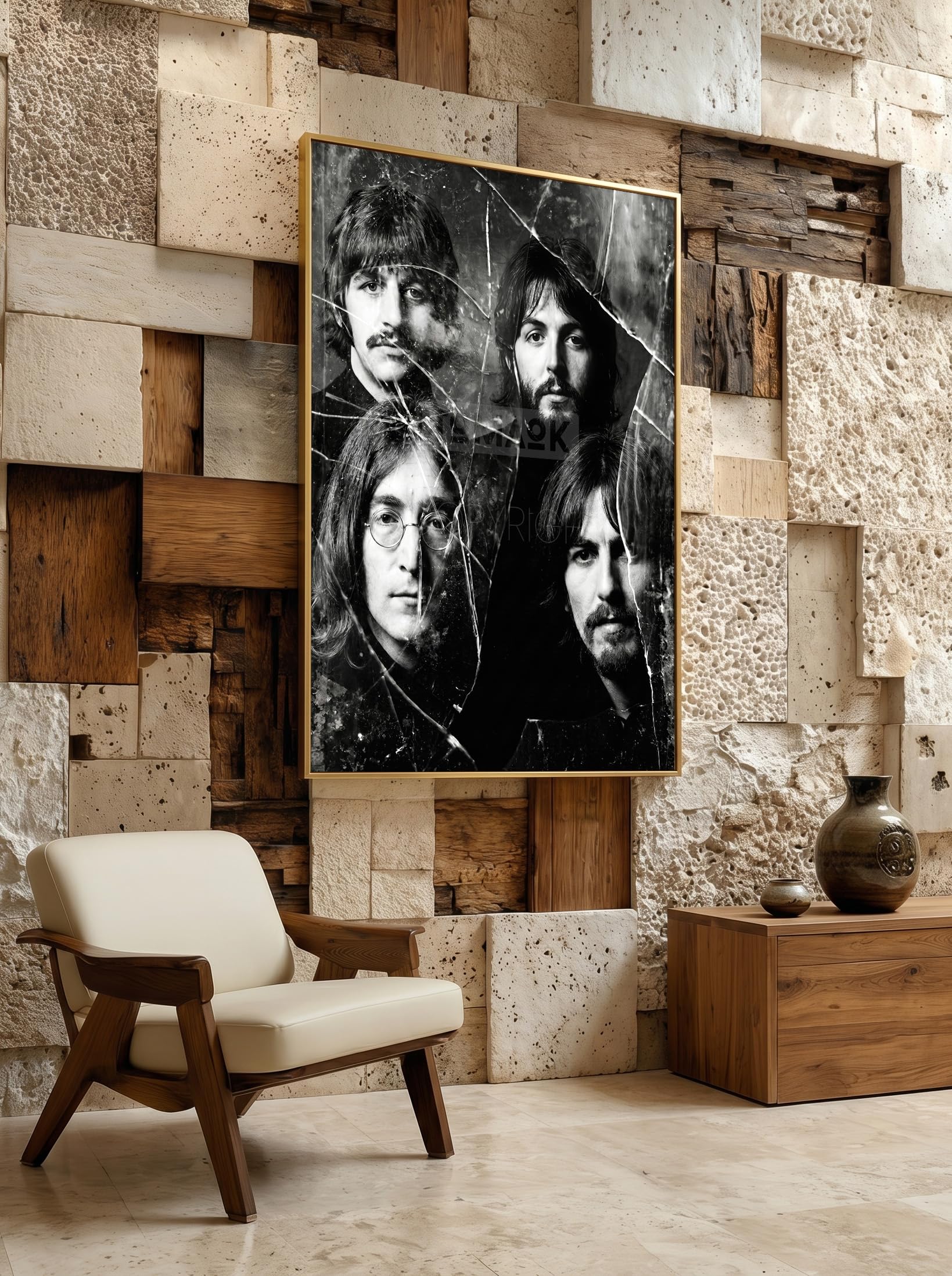 Tomaok® - Poster Stampa poster d'arte (cornice non fornita) Gruppo musica pop rock Les Beatles in composizione bianco e nero, ritratto specchio rotto, decorazione art murale