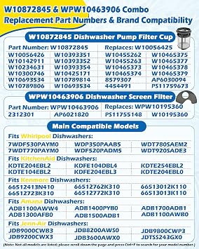IWIWE W10872845 Dishwasher Pump Filter Cup & WPW10463906 Screen Filter - Compatible with Whirlpool/Kenmore/KitchenAid Dishwasher - Replaces AP6030094 PS11759673 W10393351 AP6021820 PS11755148 2312301