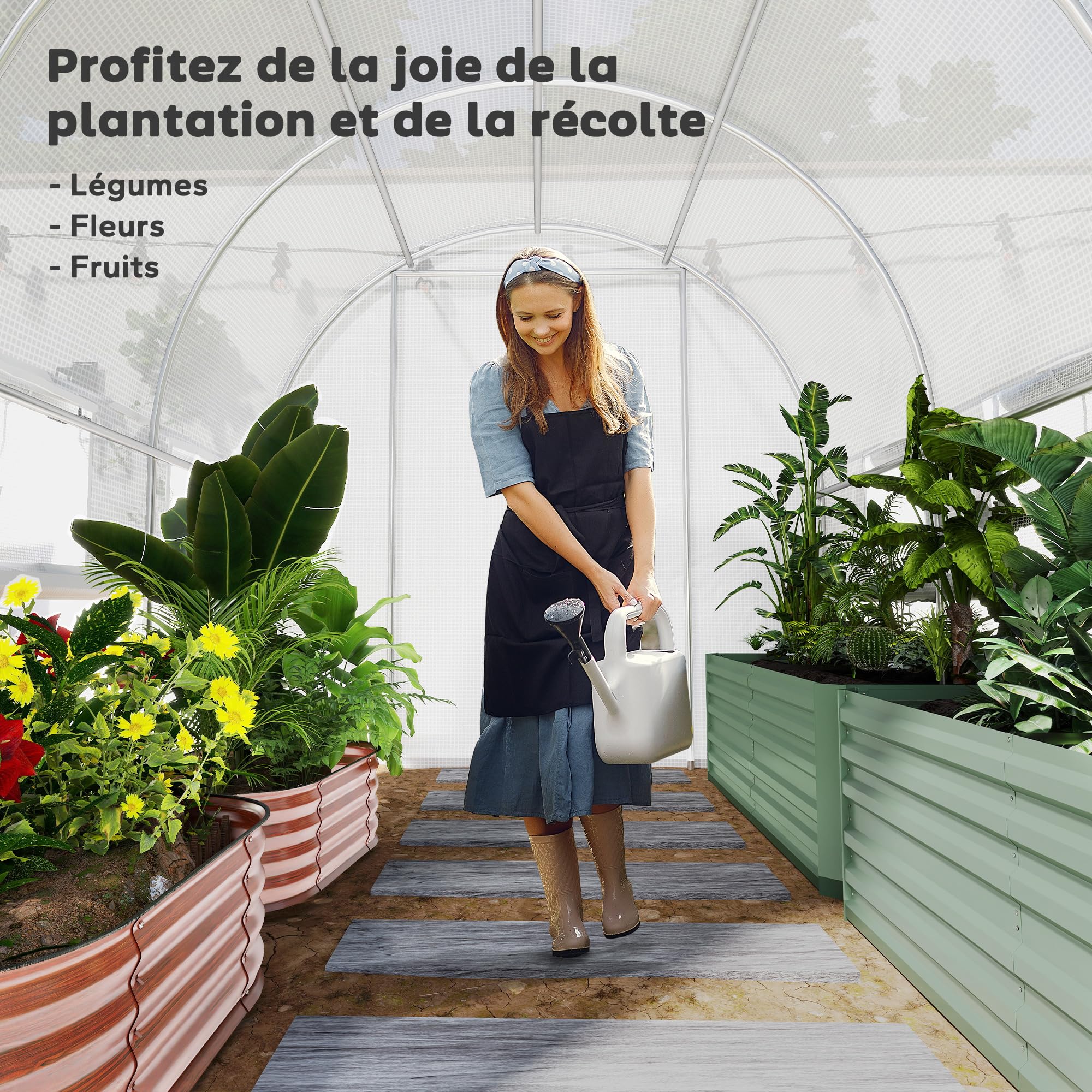 Outsunny Serre de Jardin Tunnel, Serre Tunnel 6 m² avec 6 fenêtres et 1 Porte Enroulable, Toile PE Structure en Acier galvanisé, Blanc