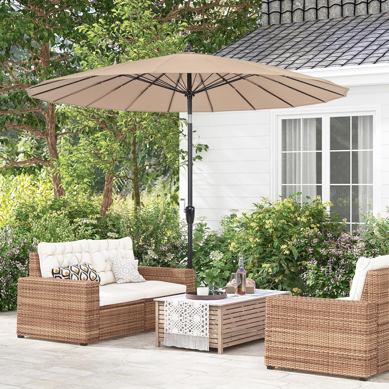 Tangkula 9FT Round Patio Umbrella, Outdoor Market Umbrella with 18 Fiberglass Ribs, Push Button Tilt, Crank, Fade-resistant Canopy & Ventilation, Aluminum Table Umbrella for Backyard, Pool (Tan)