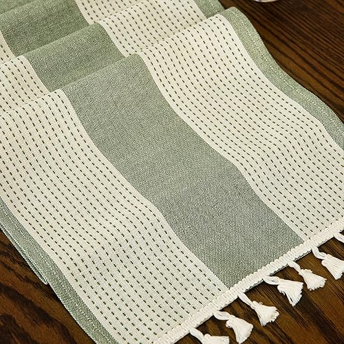 Miniatura 4 de GLORY SEASON Camino de mesa de 72 pulgadas de largo rústico macramé camino de mesa a rayas verde azulado (verde  beige, 13 x 72 pulgadas)