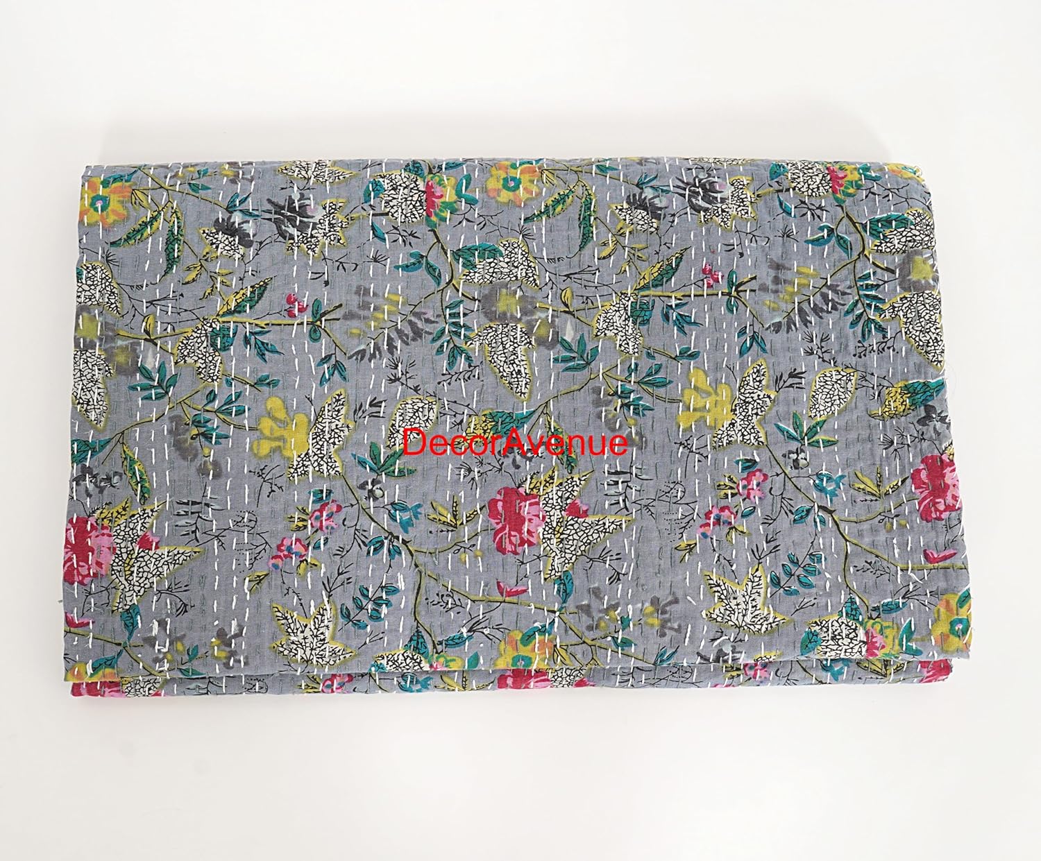 Hand-Stitched Bohemian Kantha Quilt Paradise Print Cotton Bedspread Lightweight Reversible Throw Blanket, Vintage Style Bedding for All Seasons, Color - Gray, Size King 108" x 108" inches