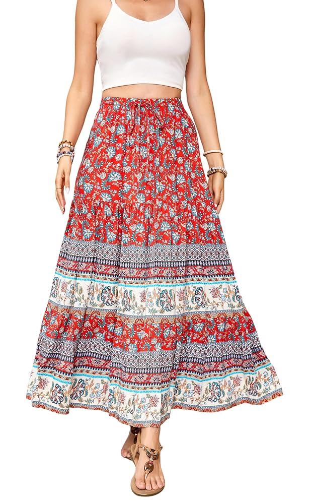 スカート Vintage floral frill maxi skirt red Hildee Floral Cascading Ruffle Maxi Skirt - Red/White