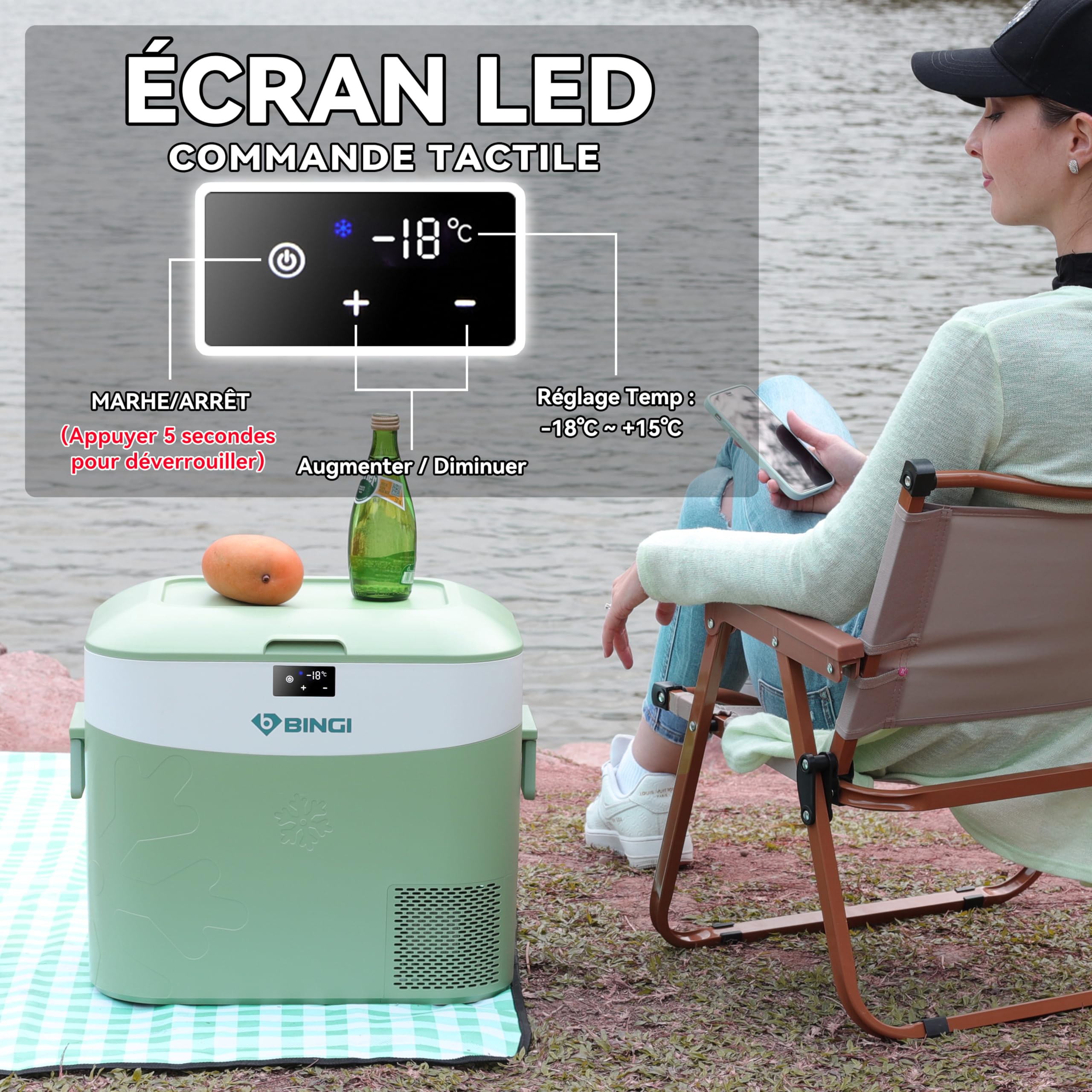 BINGI Glacière Electrique Voiture 22L à Compression Refroidissement Rapide -18°C 12V/24V/220V Portable Camping