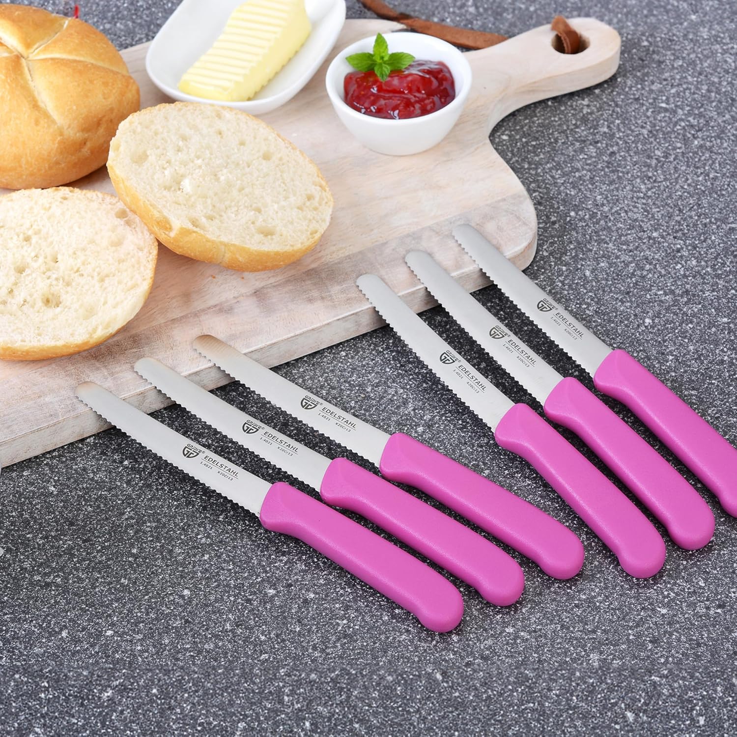 GRWE Table Knife Set - 6 Pieces, 8.3 Inch Bread Knives With Serrated Edge on One Side for Cutting and Breakfast - Pink