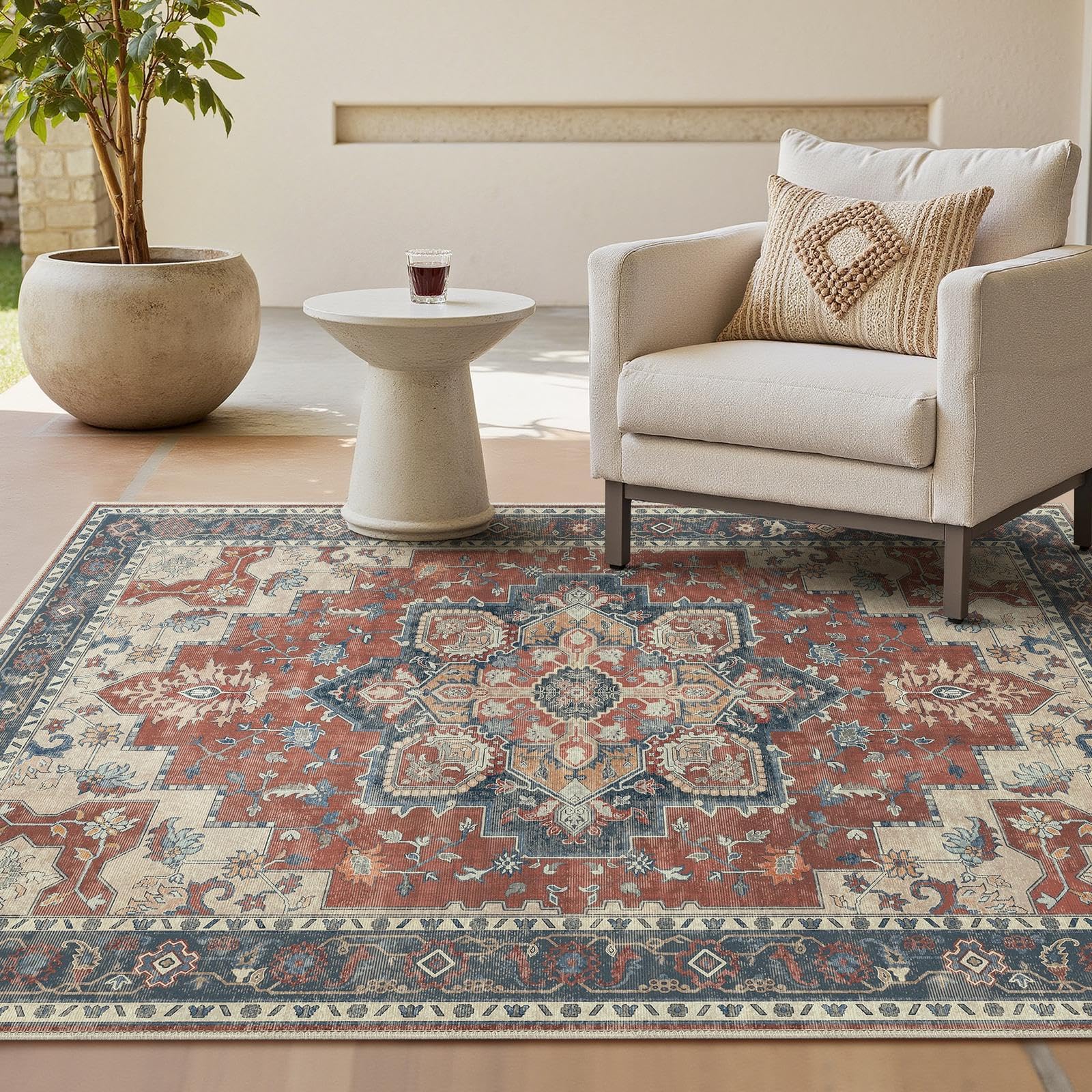 GENIMO Tappeto Persiano Vintage con Motivo a Rombi 160x230 cm per Soggiorno | Rettangolare, antiscivolo, pelo corto morbido e resistente, design persiano vintage, per sala da pranzo e camera da letto