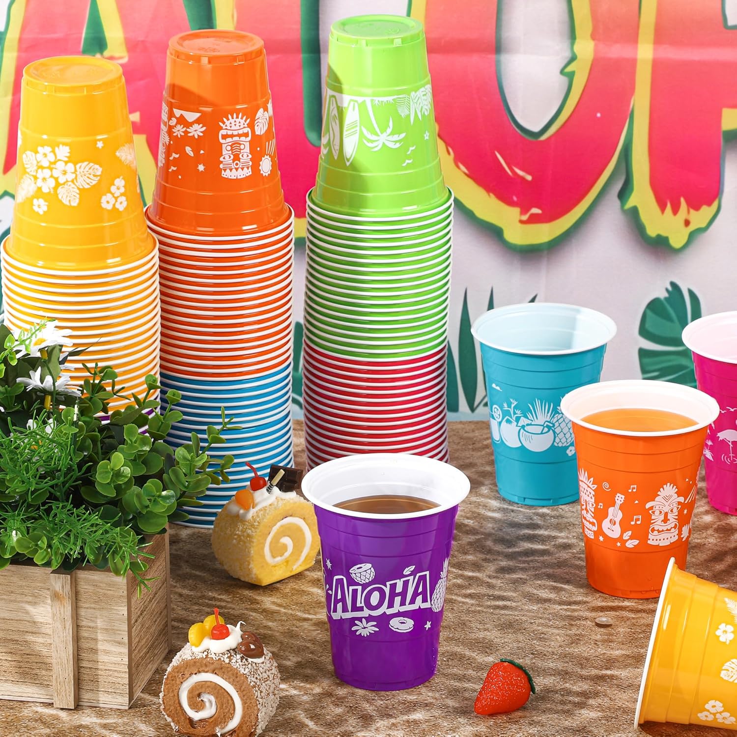 Kochorie 120 Pieces Hawaiian Luau Cups Tiki Party Decorations Cups 16 Oz Tiki Tropical Plastic Disposable Cup Coconut Beach Decoration for Tropical Moana Birthday Supplies