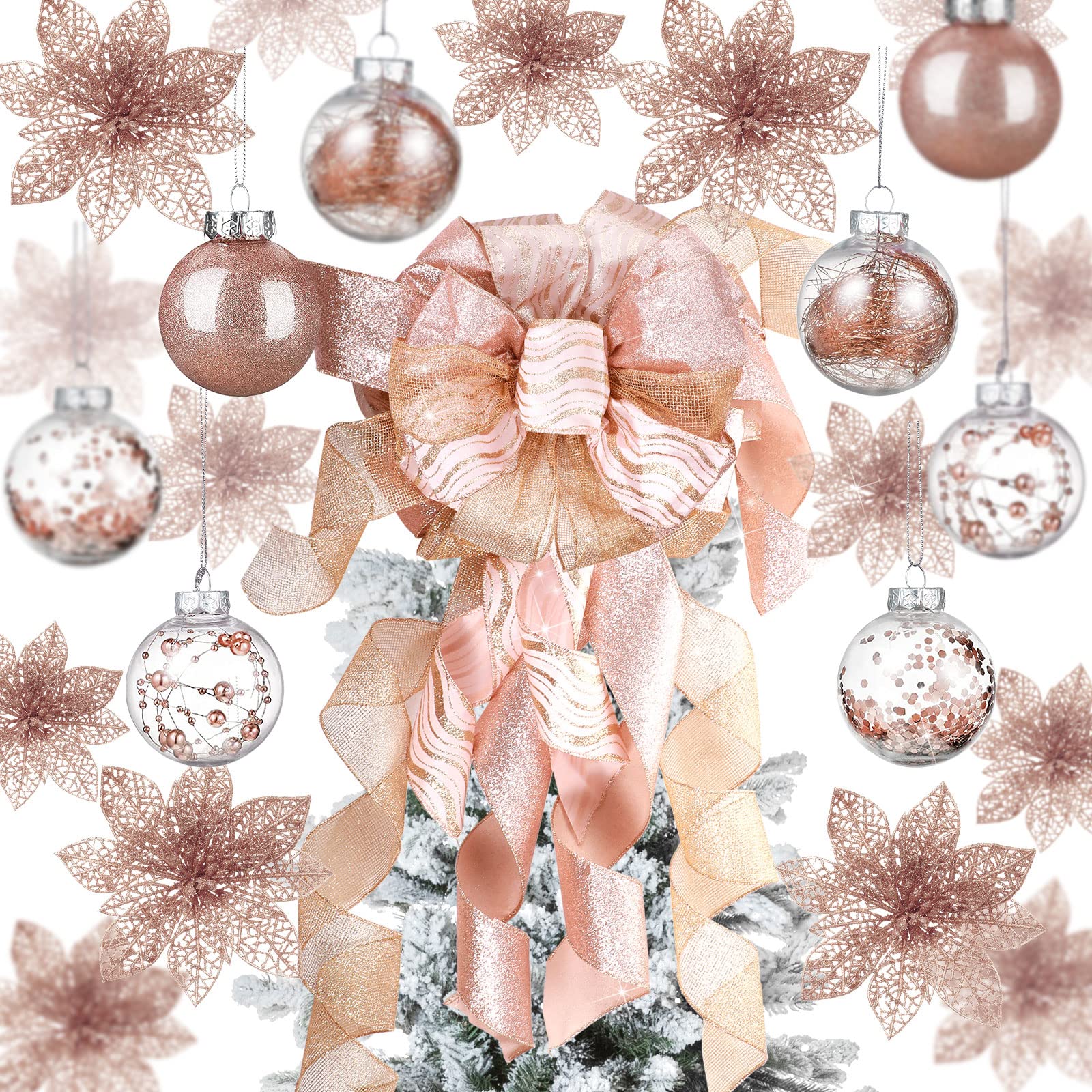 49 Pièces Set de Décoration de Sapin de Noël 24 Fausses Fleurs de Poinsettia de Noël à Paillettes Nœud Topper d’Arbre de Noël 24 Boules de Noël 2,36 Pouces pour Noël Nouvel an (Or Rose)