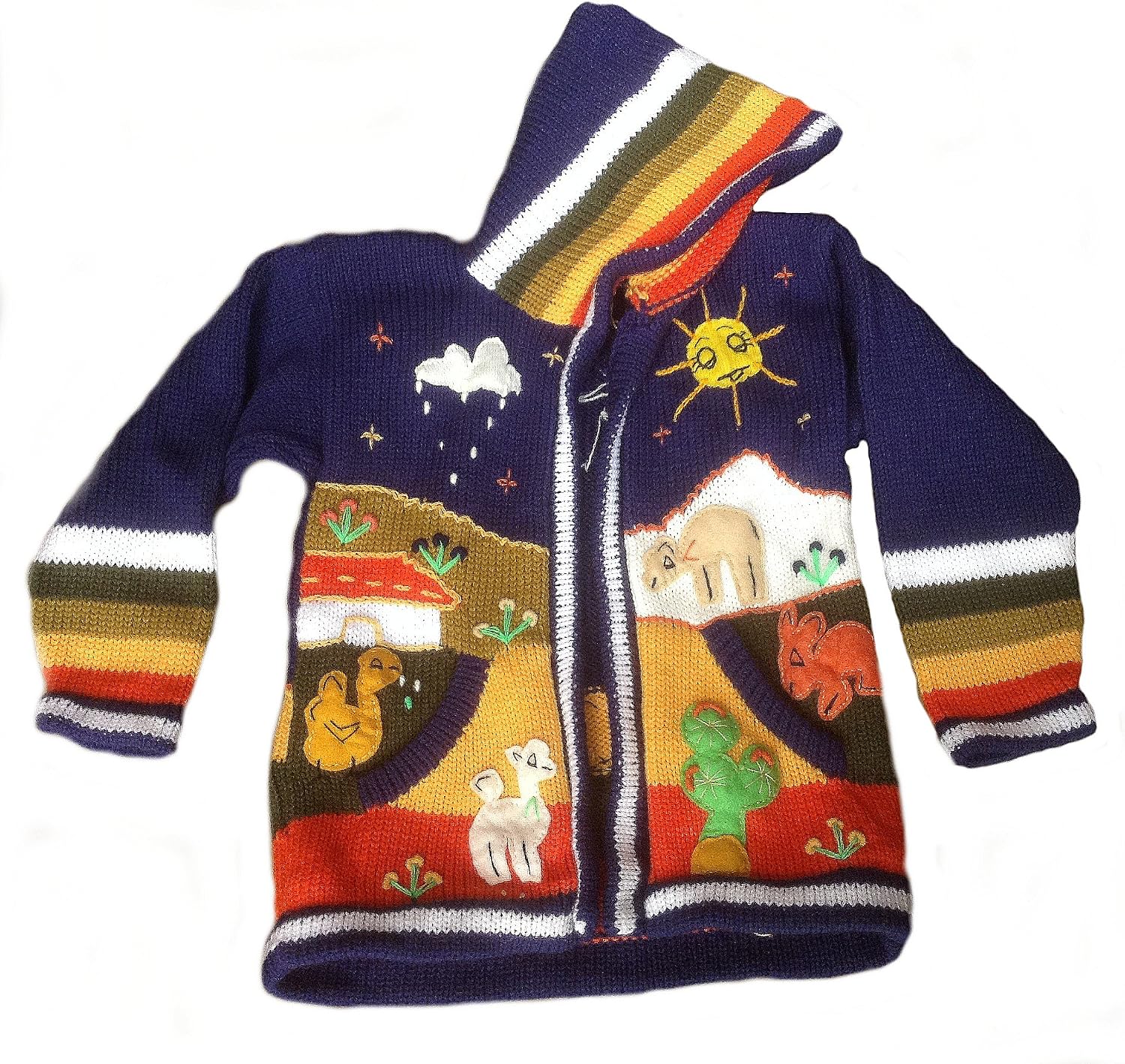 Unisex Toddler Hooded Rainbow Cardigan, Peru Hand- Embroidered