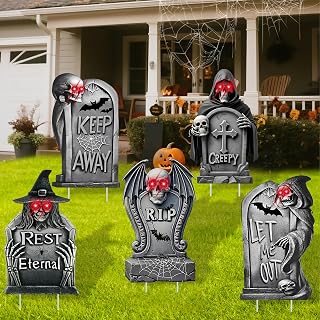 Halloween Decorations Outdoor Graveyard Tombstones, 5 PCS Halloween Yard Signs with Led Eyes Lights, Gravestones Outdoor Decor with Stakes for Yard Lawn Garden Prop, Party Decor Supplies