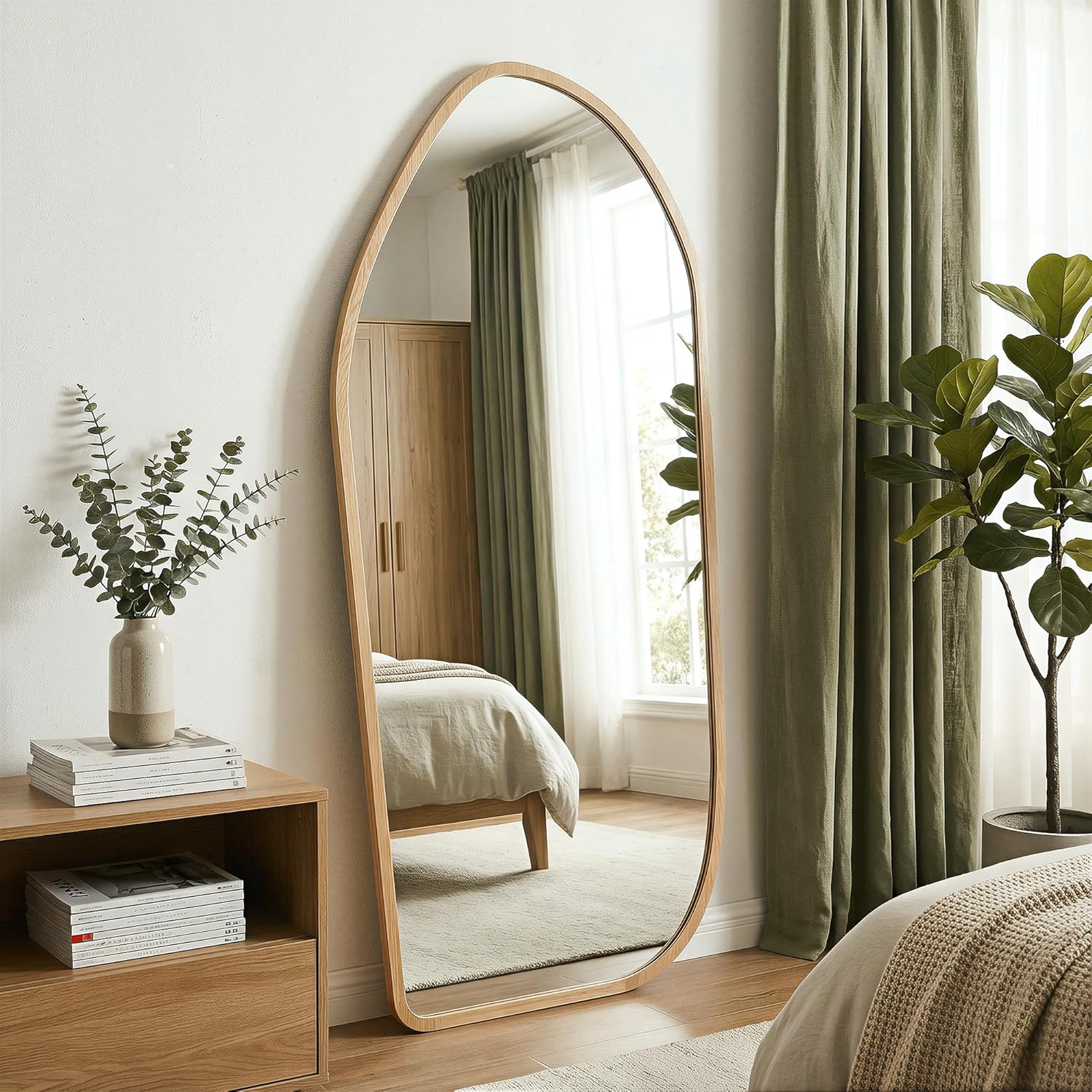 Suidia Full Length Mirror, Oversized Floor Mirror with Solid Wood Frame, Large Standing Mirror for Bedroom Living Room, Wood Art Style, Light Walnut, 68" L x 26" W