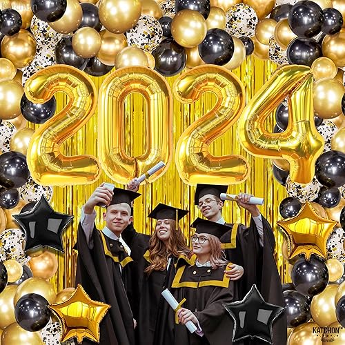 Miniatura 8 de KatchOn, Juego de decoraciones de graduación en negro y dorado 2024, paquete enorme de 85, globos dorados 2024, telón de fondo con flecos, kit de