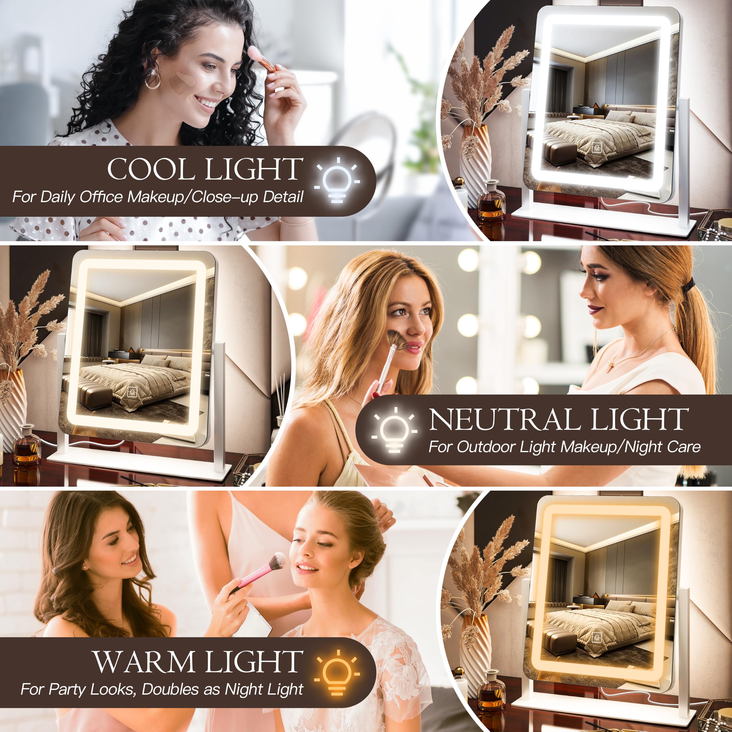 Espejo de tocador LED con luces, espejo de maquillaje iluminado con aumento, 3 luces de color de brillo ajustable, rotación de 360°, espejo cosmético desmontable para mesa de dormitorio