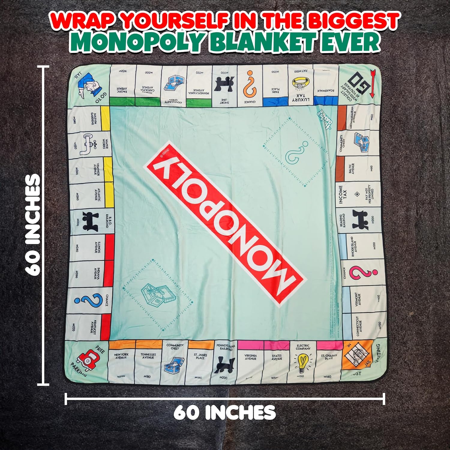 Surreal Entertainment Monopoly Blanket | Monopoly Game Board | Monopoly Throw Blanket | Oversized Monopoly Game Board | Giant Monopoly Floor Board Game | 60 X 60 Inches | Officially Licensed