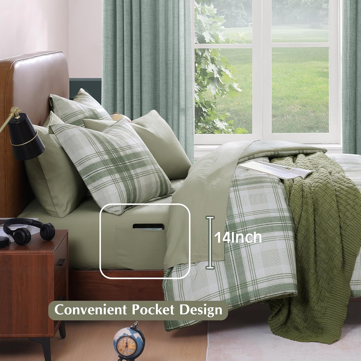 AMBERSPACE Twin XL Comforter Set, Green Plaid Bedding Set 5 Piece for Boys Girls Teen, Classic Homestead-Style Kids Comforter Set Bed in A Bag with Sheets, Pillowcase & Sham