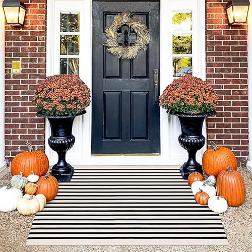KIMODE - Alfombra de algodón tejida con diseño a rayas en color negro, para puerta de entrada, cocina, decoración de estilo rústico
