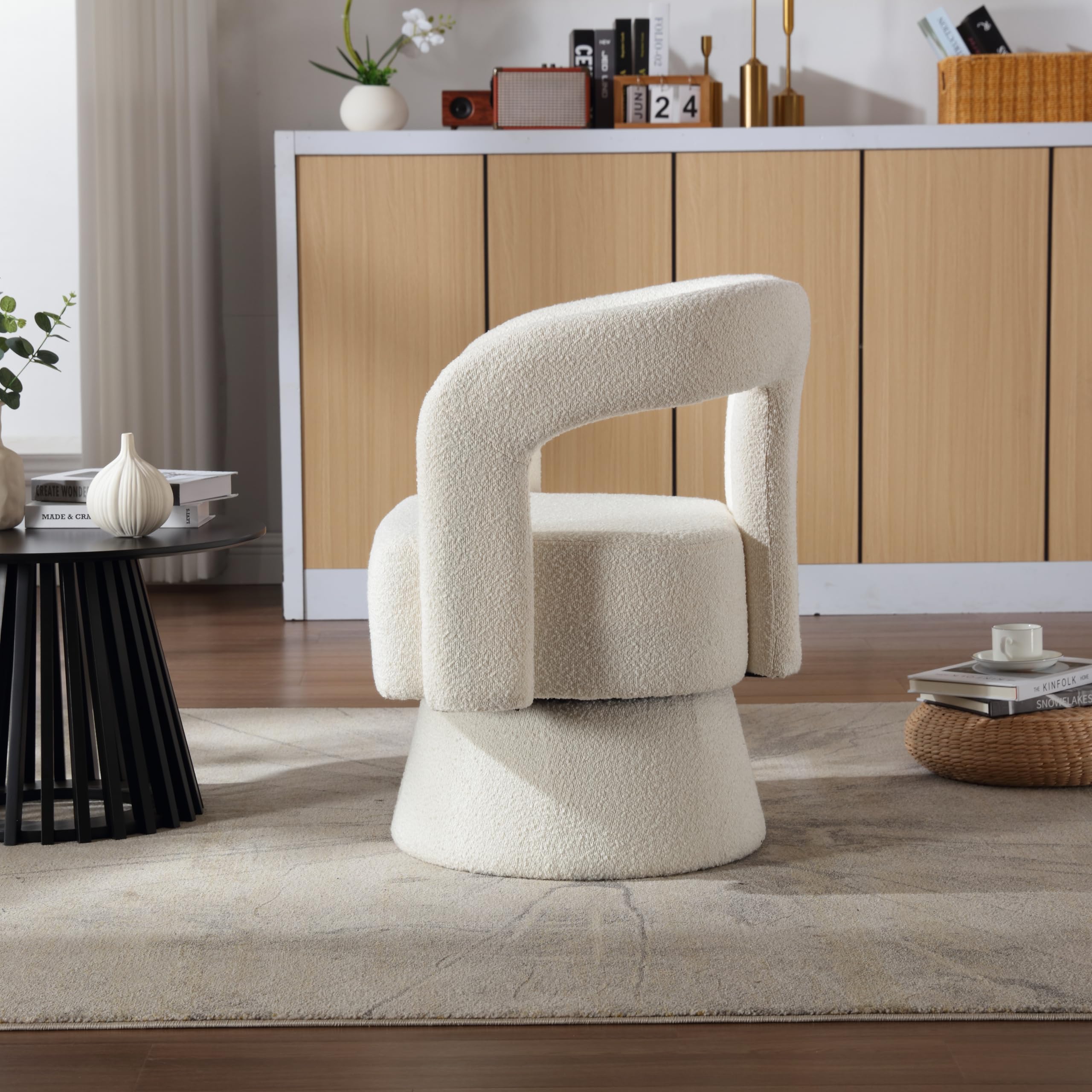 OKMYHOME Sessel – 360° drehbarer Sessel mit gepolsterter Sitzfläche aus Schlaufenstoff, Rahmen aus Holz und Metall, Belastung 150 kg, 67 x 55 x 74 cm, Beige