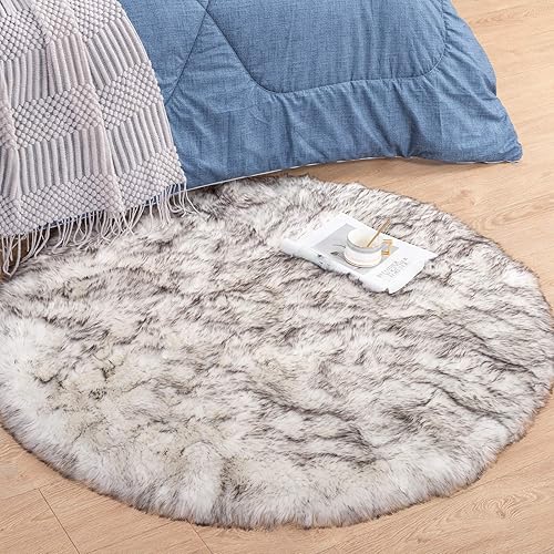 Carvapet Faux Sheepskin Fur Area Rug Round Fluffy Home Decor Floor Mat Circular Bedside Carpet for Bedroom Living Room Soft Circle Kids Play Mat for Nursery, 3ft Diameter, White with Black Tips