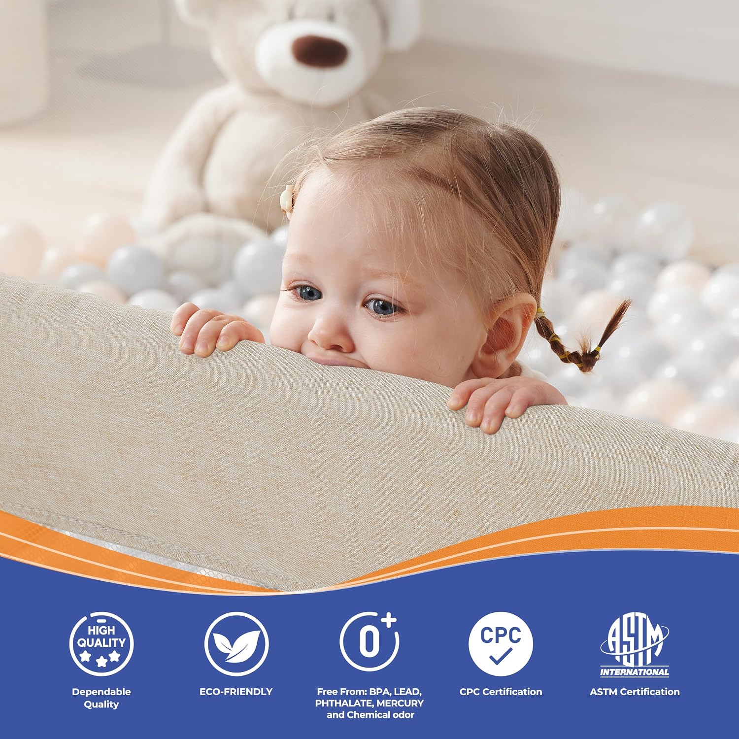 Sweeby Foldable Baby Playpen, 71x59 Playpens for Babies and Toddlers Large Play Yard with Door Baby Fence with Gate and Indoor & Outdoor Play Pen, Light Khaki