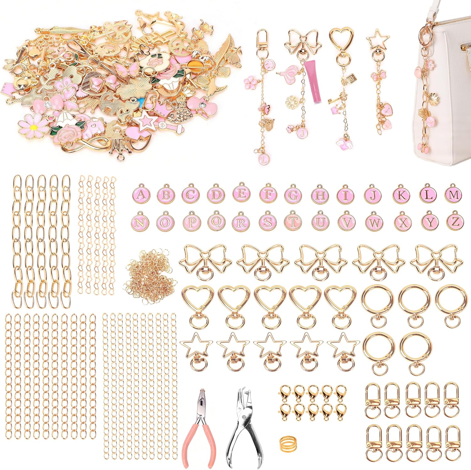 FULGENSZ 400PCS DIY Lipgloss Charm Kit – 136 Charms, 30 Keychains, Extender Chains & Tools for DIY Keychain & Key Chain Charm Kit Projects, Bag Charms, Jewelry Making & Party Gifts (Cute Pink)