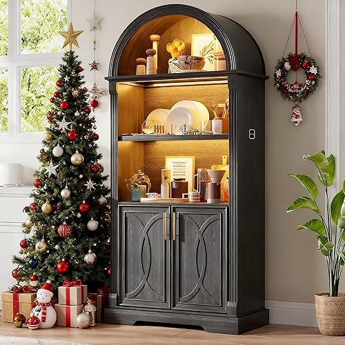Vlsrka 71" Tall Arched Cabinet, Kitchen Pantry Cabinets, Arched Bookshelf/Bookcase,China Cabinet, Wood Kitchen Storage Cabinets with Open & Adjustable Shelves, Induction 3 Color Lights, Black