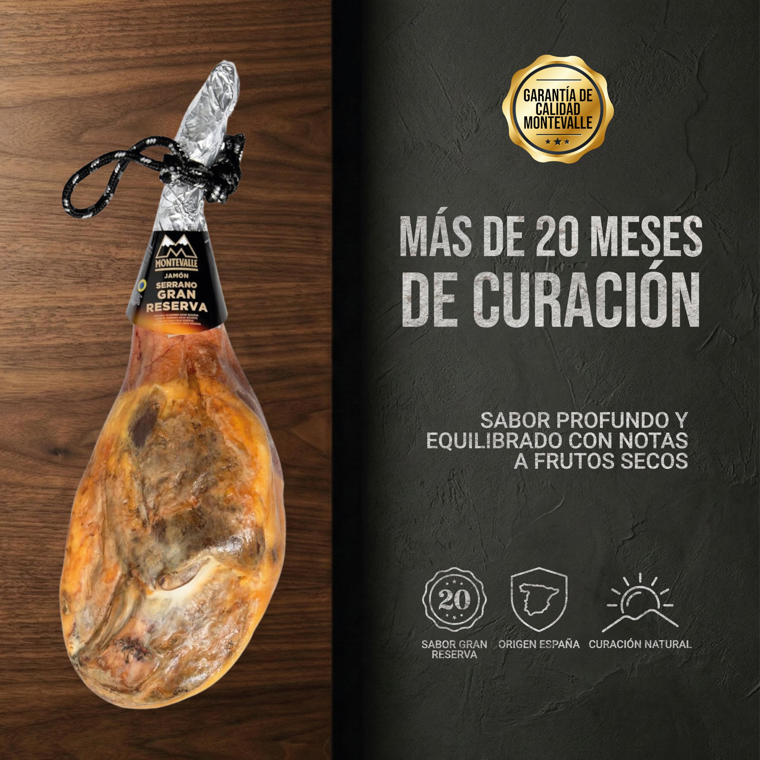 Montevalle Jamón Serrano Gran Reserva Entero con Hueso 7-8 kg | Curación Tradicional Mayor a 20 Meses | Pata Cerdo de Origen Español | Pieza Curada