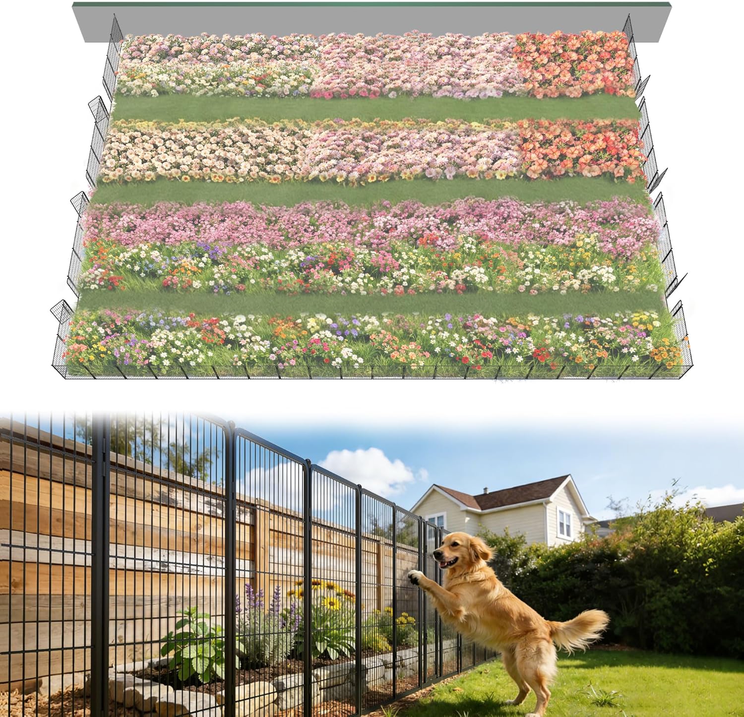 FXW Garden Fence Outdoor for the Yard – 40in(H) x 109.4ft(L) Heavy Duty Metal Animal Barrier for Dog, No Dig Decorative Dog Fence, 48 Panels, Black