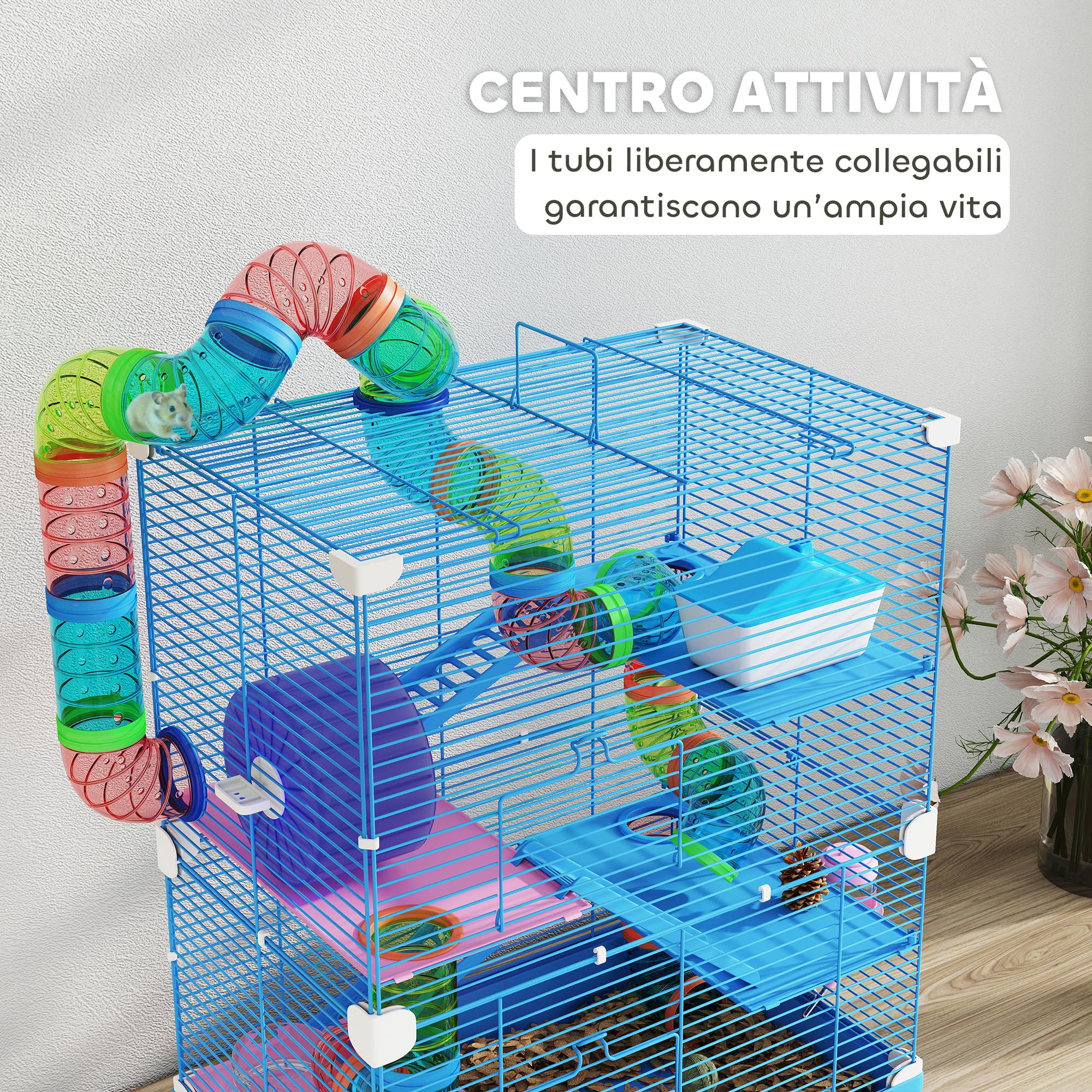 PawHut Gabbia per Criceti a 5 Livelli con Tubi, Ruota, Casetta, Scale e Bottiglia, Gabbietta per Roditori in Metallo e Plastica, 46x30x58 cm, Blu Scuro