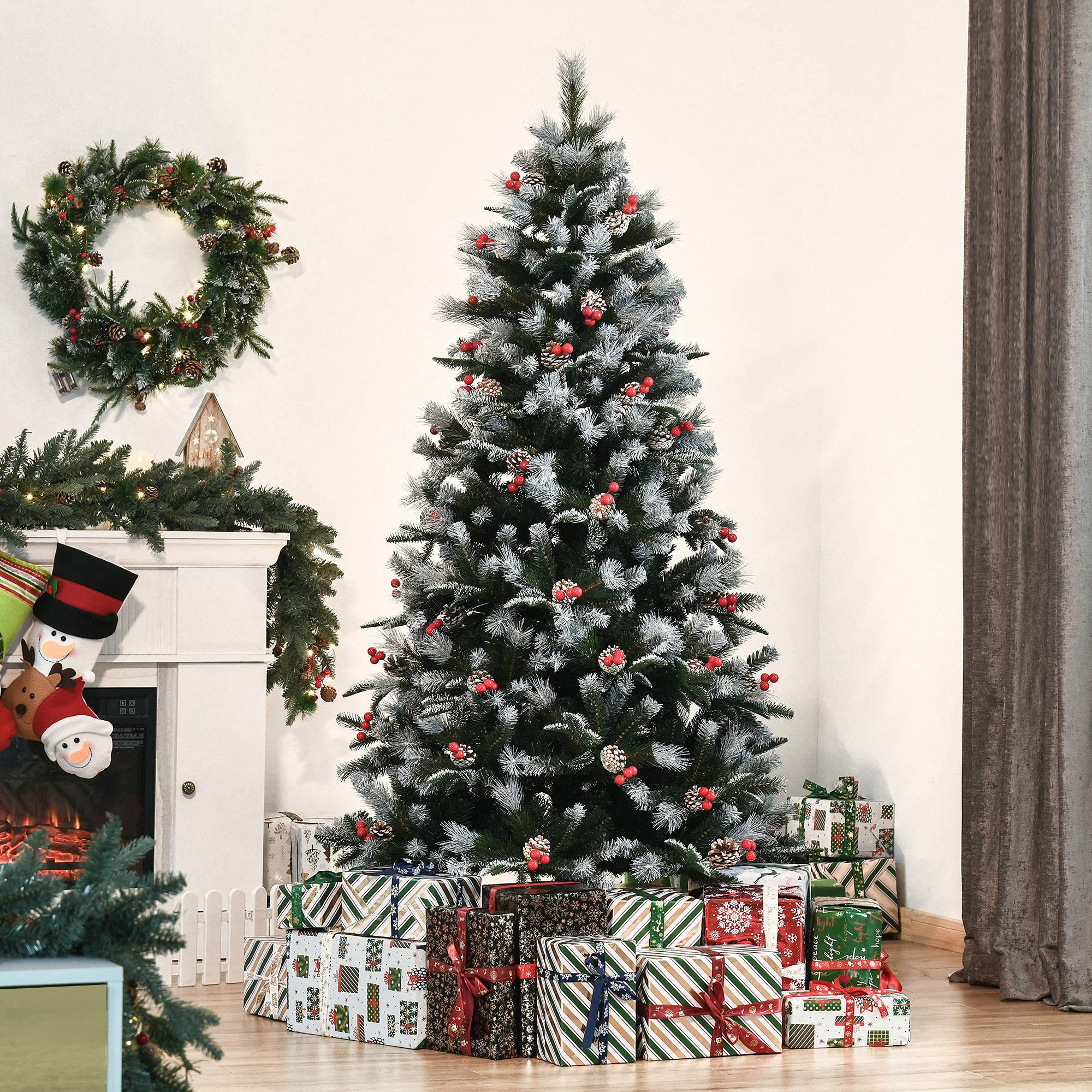 HOMCOM Árbol de Navidad Artificial 180 cm con 678 Ramas 53 Piñas Verde | 53 Bayas, Hojas de Plástico PE, Base de Soporte Plegable Metálica, Decoración Navideña para Interiores