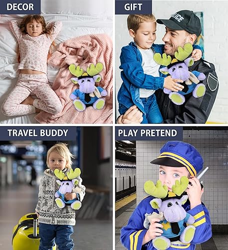 Miniatura 4 de DolliBu Juguete de peluche de alce morado sentado Alce suave con bufanda, disfraz de animal de peluche con lindo uniforme de policía y traje