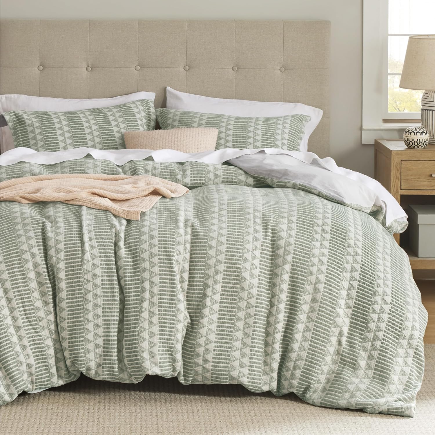 Bedsure Cotton Duvet Cover King Size - Chenille Textured Duvet Cover Set, Soft and Breathable Jacquard Boho Bedding Set for All Seasons (Green, King, 104"x90") King (104" x 90") 09 - Green (No Comforter)