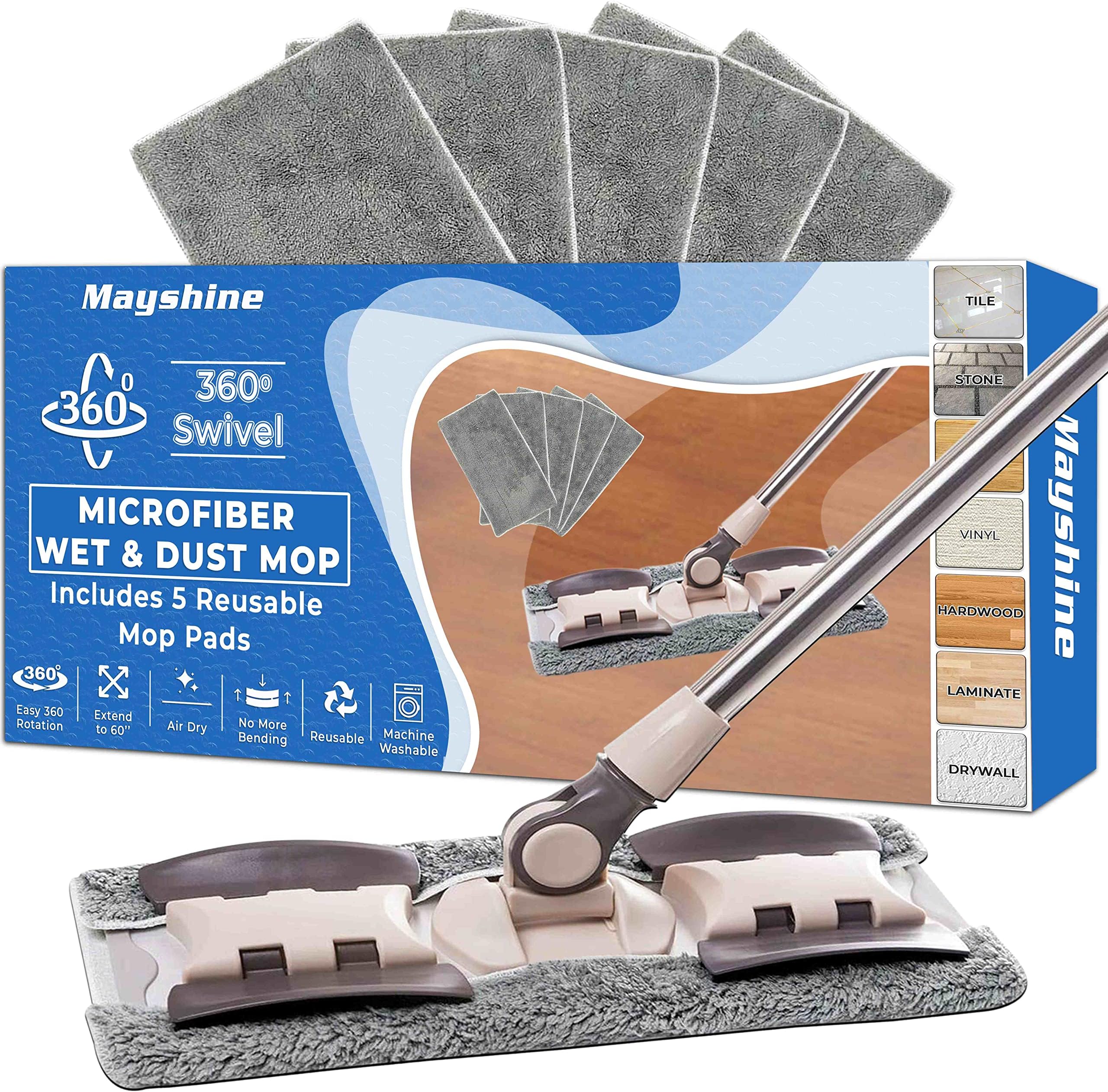MAYSHINE Microfiber Hardwood Floor Mop - 5 Washable & Reusable Flat Mops Cloths/Pads, For Wet or Dry Floor Cleaning