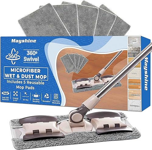 MAYSHINE Trapeador de polvo húmedo y seco de microfibra con 5 almohadillas reutilizables, sistema de trapeador giratorio 360 | Uso en madera,