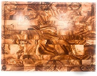 Olive Wood Butcher Block 16 x 12 Cutting/Carving Board. Handmade by ORCHARD HARDWOODS. Heavy 1.5 inch Thick End Grain in Unique Natural Pattern, with Juice Groove, Finger Slots, Natural Oiled Finish