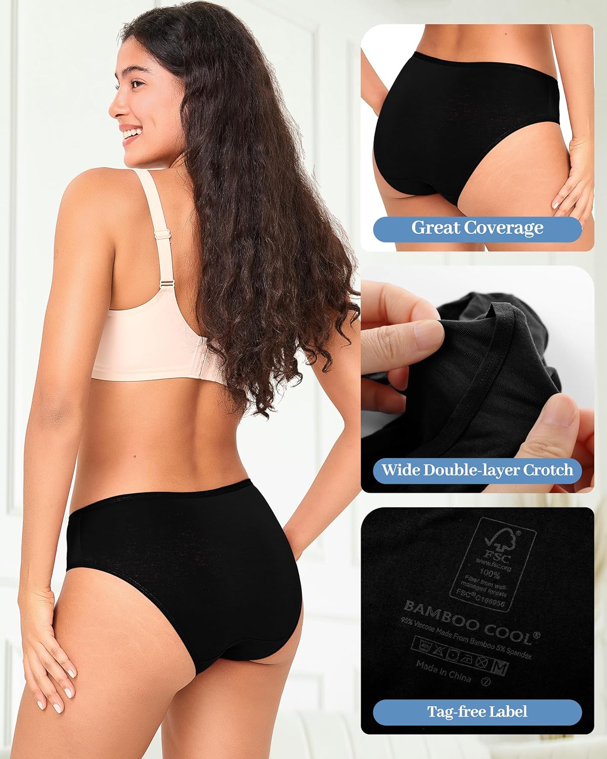 BAMBOO COOL Womens Underwear Breathable Moisture-Wicking Briefs Hipster Ladies Panties, 5-Pack - Image 6