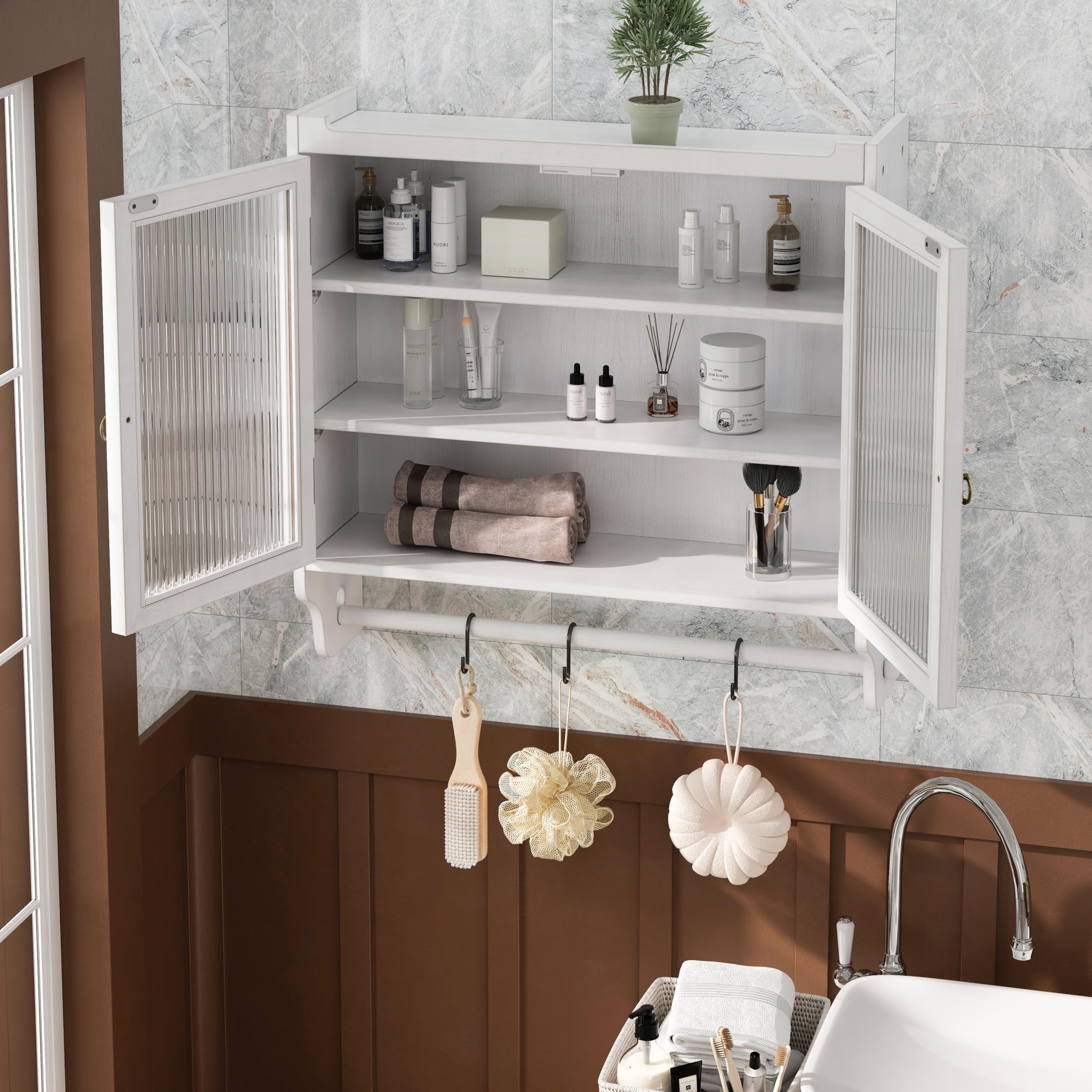 Gabinete de pared vintage de doble puerta de cristal con tres niveles de almacenamiento y estante de toalla, para baño, cocina o sala de comedor, blanco lavado (blanco)