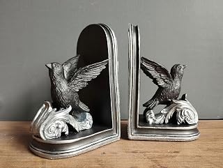 8'' Silver Bird Bookends Sculpture | Vintage Unique Modern Bookends | Art Nouveau Statue Housewarming Gifts | Bookshelf | Library Decor