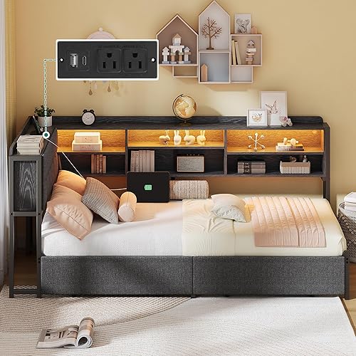 DWVO Twin Corner Bed Frame with Storage Drawers and Bookcase & Flip-up Storage Headboard, Twin Size Platform Corner Bed Frame with Charging Station and LED Lights, Twin Daybed for Dorm, Grey