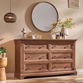 T4TREAM Farmhouse 6 Drawers Dresser for Bedroom, 54" Wide Large Dressers & Chests of Drawers w/Roman Column, Wooden Dresser TV Stand with Large Drawers for Bedroom Living Room,Reclaimed Barnwood
